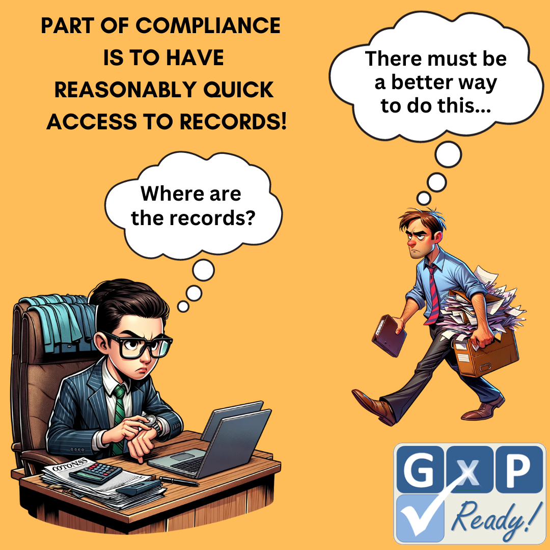 Image depicting a GMP company failing to find records as required during an audit because they didn't have a validated CMMS software system. The validated system makes it easier and faster to find records