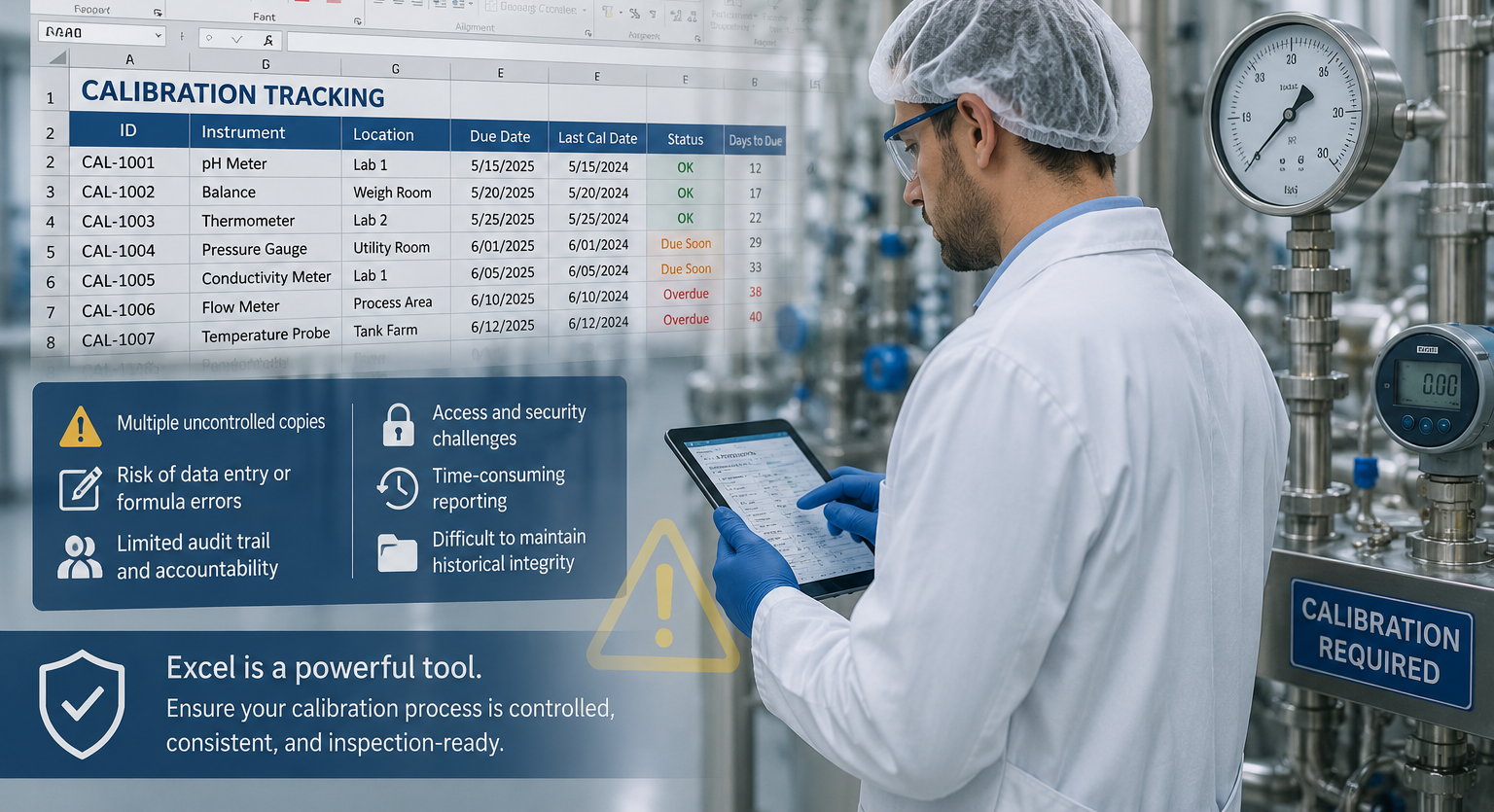 Technician reviewing calibration tracking spreadsheet in a GMP manufacturing environment with compliance and audit trail considerations