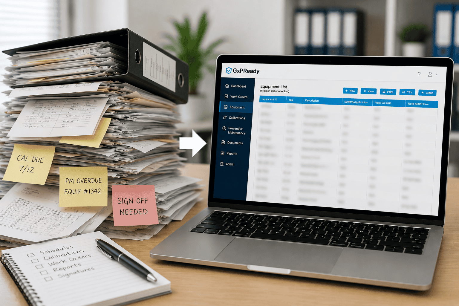 Transition from paper-based maintenance tracking and spreadsheets to a validated CMMS system for calibration and maintenance management