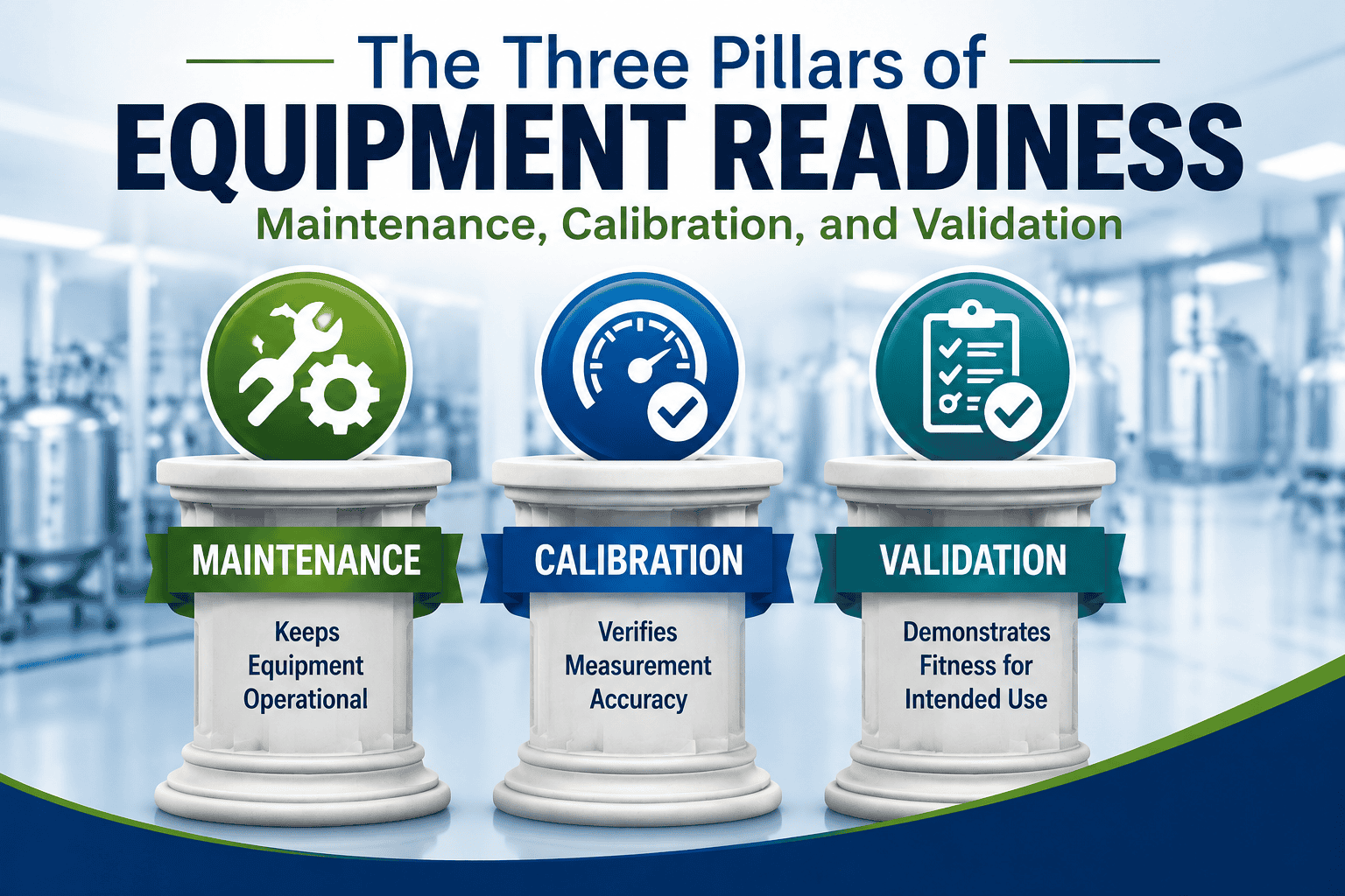 Equipment readiness pillars showing maintenance, calibration, and validation as key elements of GMP equipment lifecycle management.