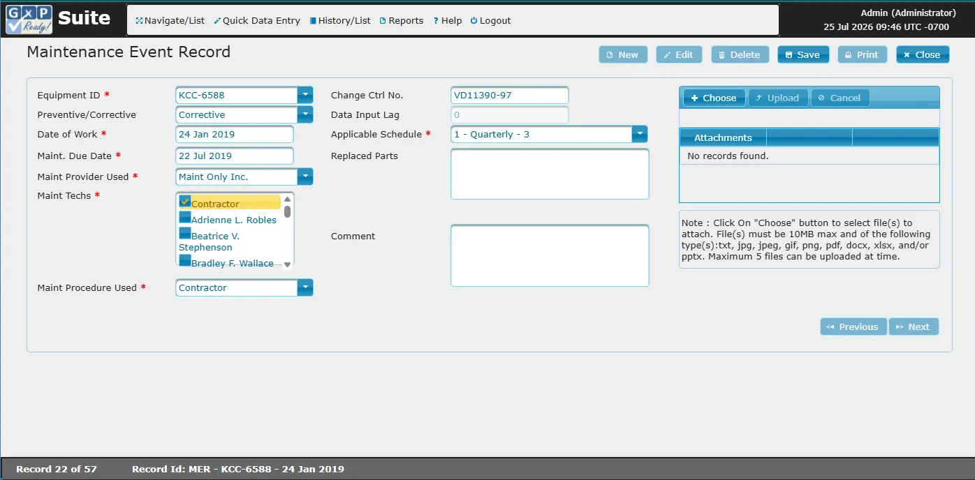 GxPReady maintenance event record for preventive and corrective maintenance scheduling, change control tracking, and file attachments